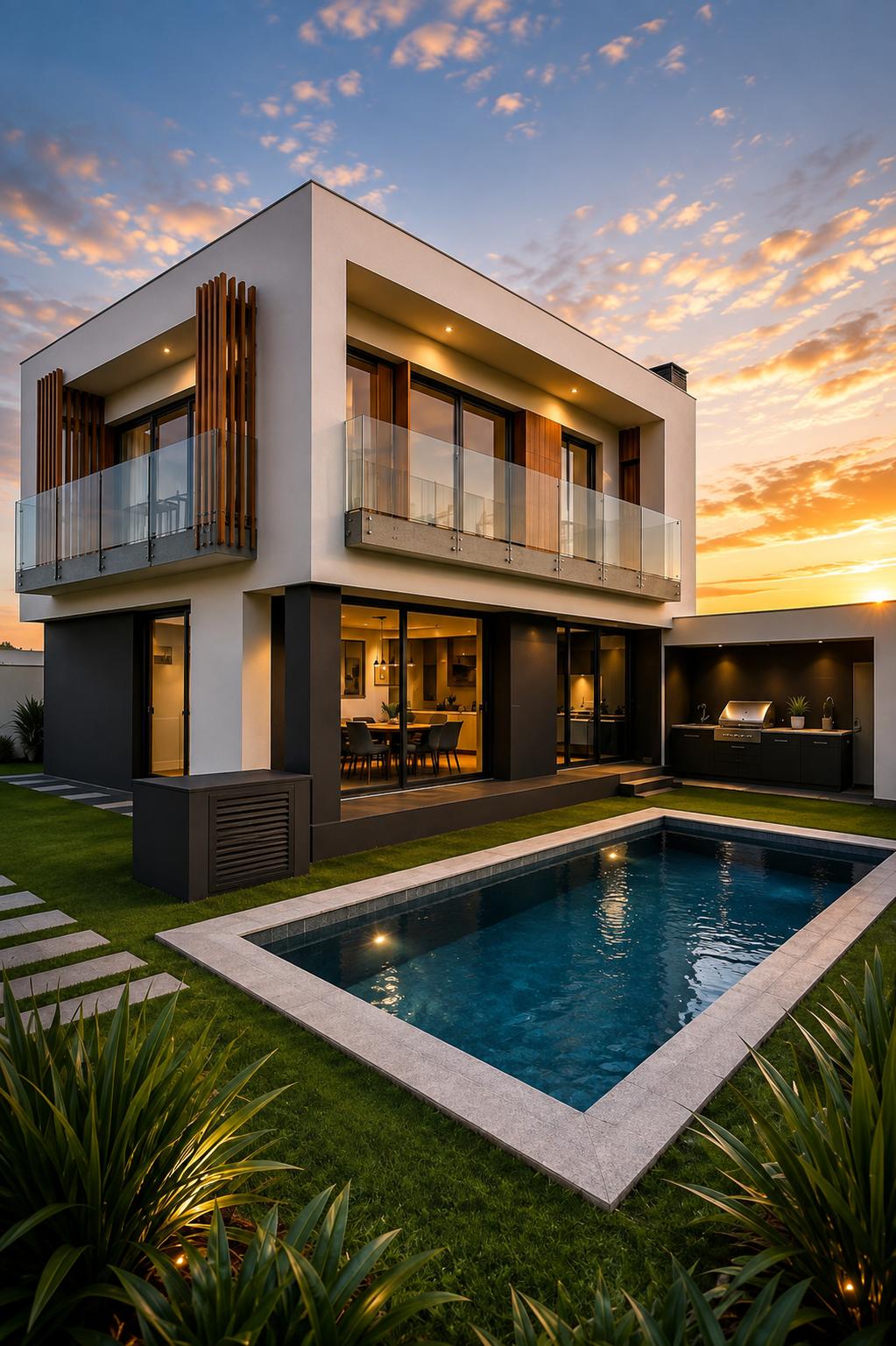 Moradia contemporânea com piscina ao final do dia