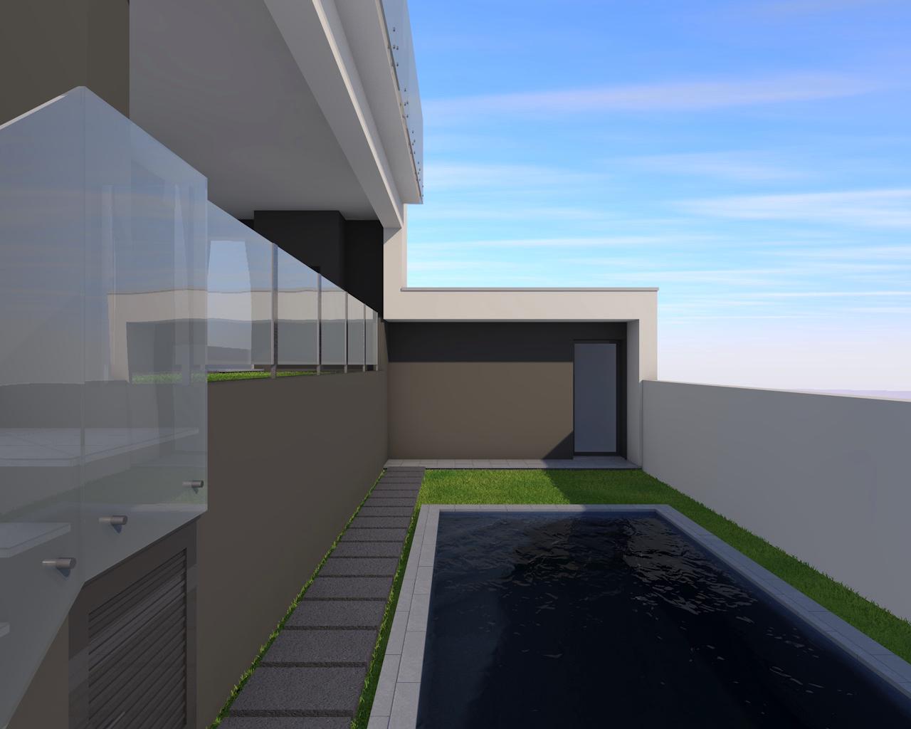 Visualização arquitetónica da piscina e área exterior