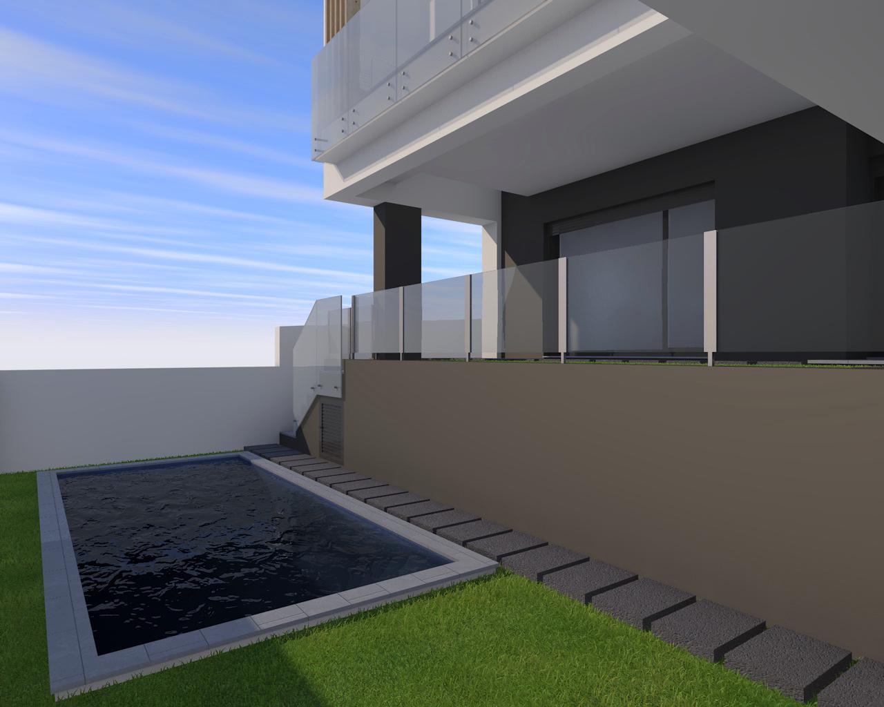 Visualização arquitetónica da ligação à piscina